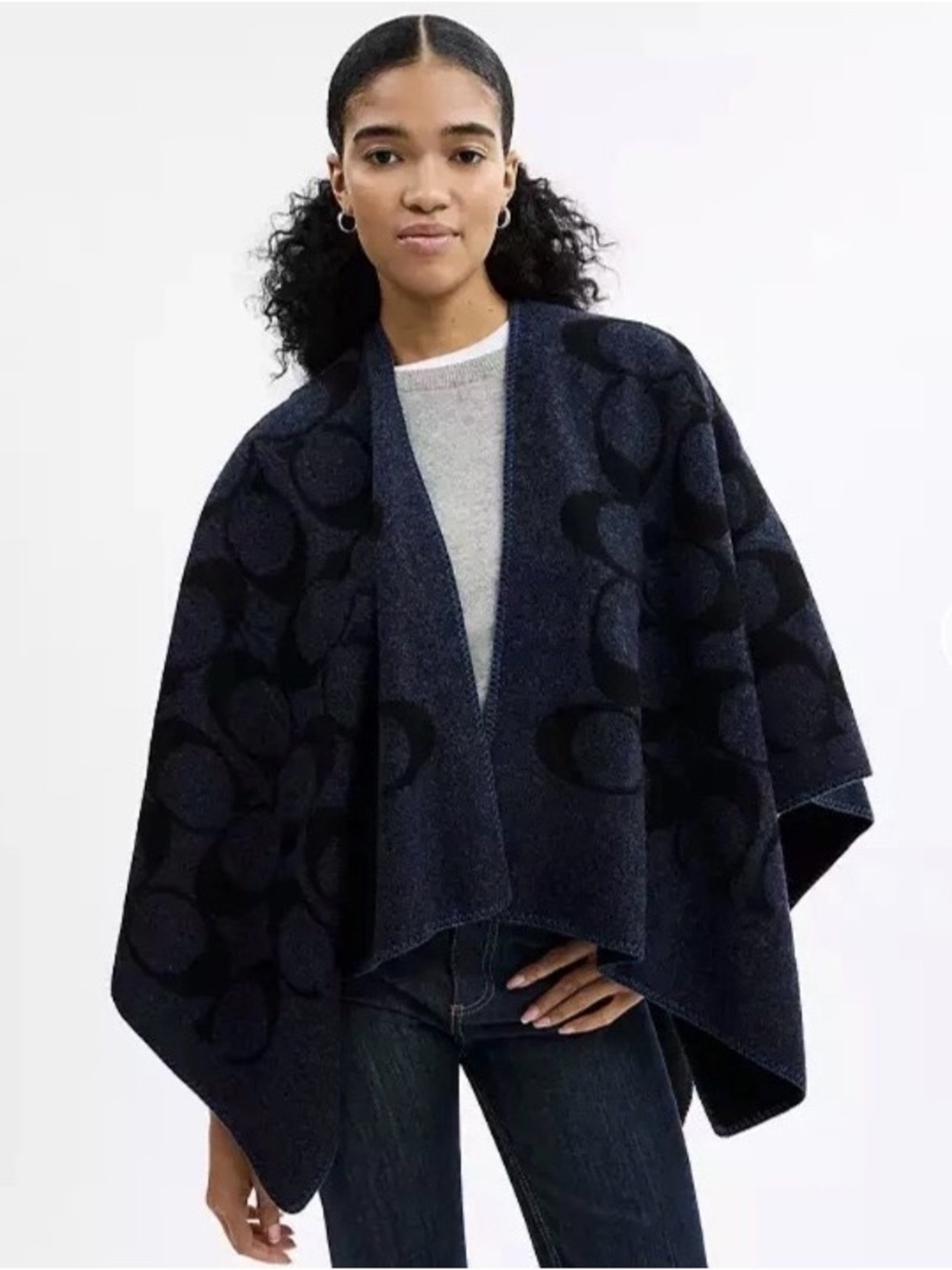 Coach Navy and Black Logo Jacquard Draped Poncho Wool Blend